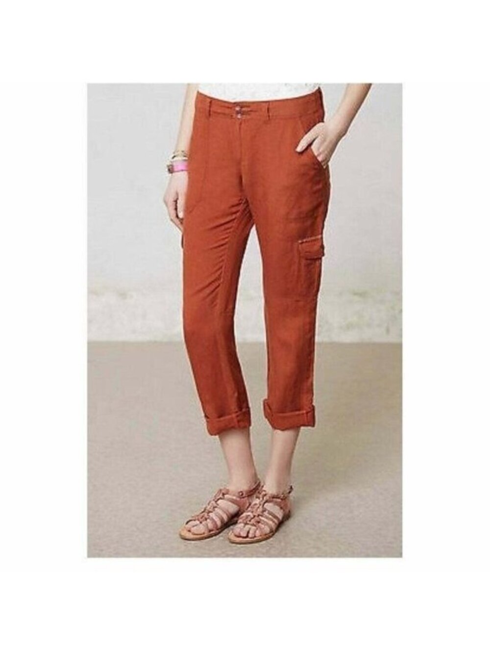 Anthropologie Hei Hei Rust Cargo Pant Linen Blend Size 4 Relaxed Fit Lightweight